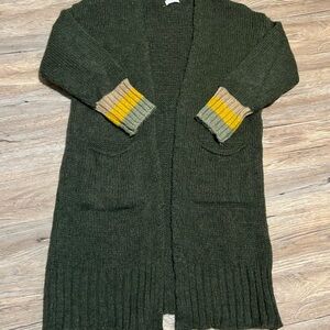 Elegant Forest Green Cardigan with Striped Cuffs